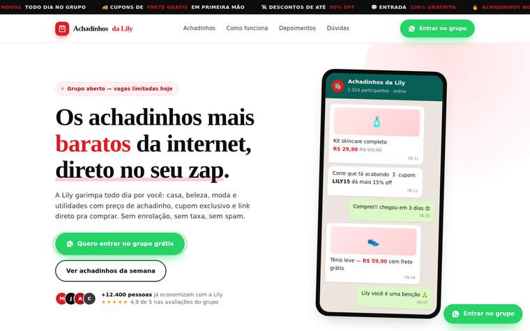 Página inicial do site Achadinhos da Lily