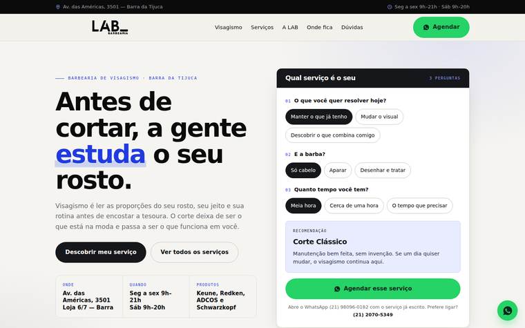 Página inicial do site LAB Barbearia
