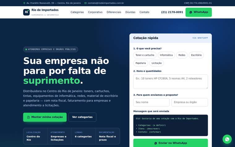Página inicial do site Rio de Importados